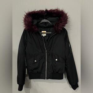 C&C CALIFORNIA BOMBER JACKET W/ PURPLE FAUX FUR HOOD